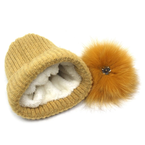 Women Winter Warm Knitted Beanie Hat With Large Fox Fur Pom Pom Ribbed Thickened Fleece Lined Casual Pullover Cap