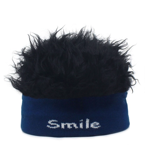 Funny Novelty Wig Beanie Hat Knit Cap With Smile Letter Embroidery Hip Hop Party Landlord Cap For Men Women Winter Warm Hat