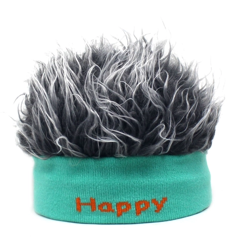 Divertente Cappello Beanie a Maglia con Parrucca Ricamo Lettera Happy Creativo Novità Personalità Termico Inverno Caldo Festa Capelli Berretto per Adulti