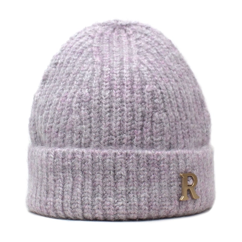 Bonnet Femme Hiver Chaud en Maille Faux Cachemire Acrylique Bonnet Côtelé Avec Décoration Lettre R en Métal Doré