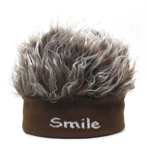 Funny Novelty Wig Beanie Hat Knit Cap With Smile Letter Embroidery Hip Hop Party Landlord Cap For Men Women Winter Warm Hat
