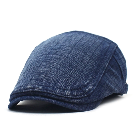 Béret en Denim pour Hommes Vintage Casquette Plate en Coton Lavé Avec Boucle en Métal Texture à Carreaux Décontracté Protection Solaire