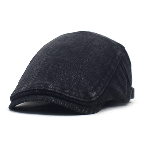 Béret en Denim pour Hommes Vintage Casquette Plate en Coton Lavé Avec Boucle en Métal Texture à Carreaux Décontracté Protection Solaire