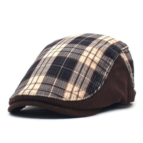 Coppola a Quadretti in Stile Britannico Vintage per Uomo Cappello Flat Cap in Velluto a Coste Caldo Berretto Invernale Con Fibbia