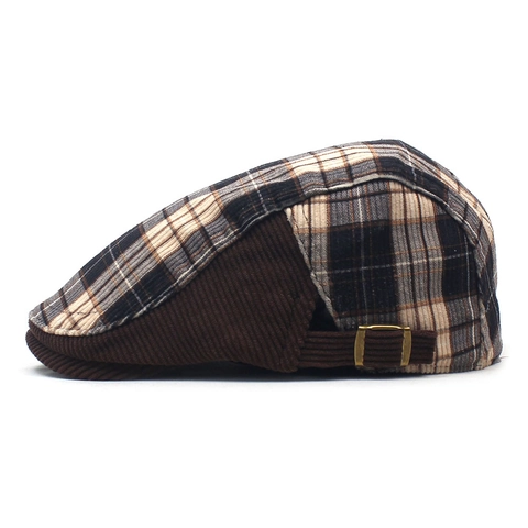 Coppola a Quadretti in Stile Britannico Vintage per Uomo Cappello Flat Cap in Velluto a Coste Caldo Berretto Invernale Con Fibbia