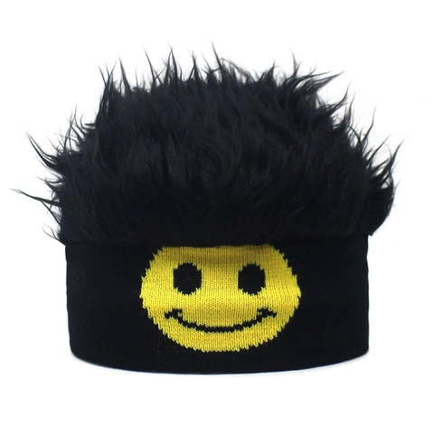 Funny Wig Knit Beanie Hat With Smiley Face Pattern For Men Women Hip Hop Novelty Winter Warm Skull Cap Party Prop