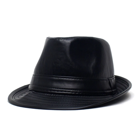 Men Vintage PU Leather Fedora Hat Classic Jazz Cap Flat Top Short Brim Western Cowboy Hat Stylish Adjustable Outdoor Cap