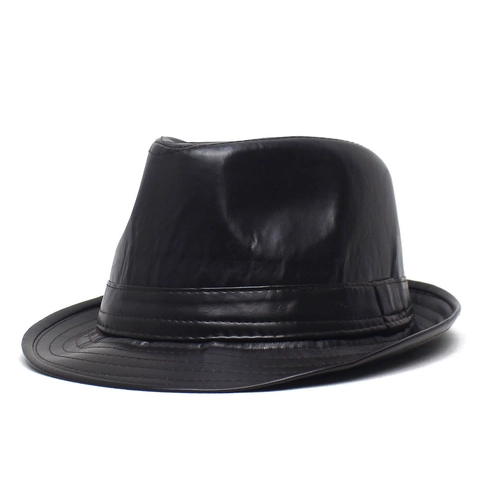 Men Vintage PU Leather Fedora Hat Classic Jazz Cap Flat Top Short Brim Western Cowboy Hat Stylish Adjustable Outdoor Cap
