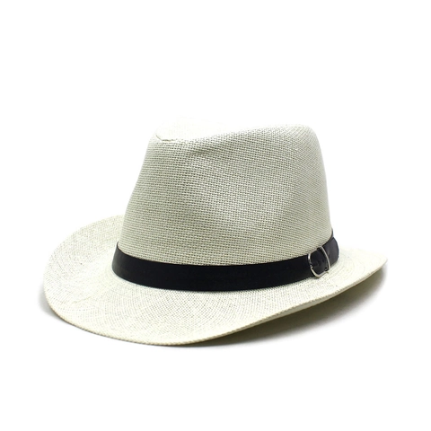 Fashion Curled Brim Woven Straw Fedora Hat For Men Summer Sun Protection Jazz Hat With Decorative Leather Belt Buckle