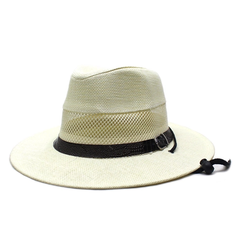 Sombrero Fedora de Paja Transpirable para Hombre Protección Solar Gorra de Pesca al Aire Libre con Cordón Resistente al Viento Ajustable