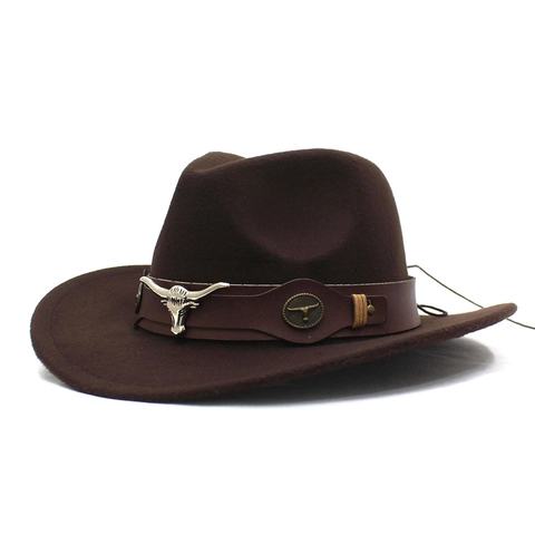 Western Cowboy Fedora Hat Men Women Woolen Felt Wide Brim Jazz Hat With Metal Bull Head Leather Strap Retro Sunshade Hat