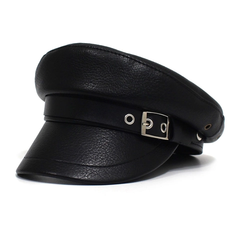 Gorra de Marinero de Cuero PU para Mujer Sombrero Militar Vintage de Parte Superior Plana Newsboy con Hebilla de Metal Tocado Casual