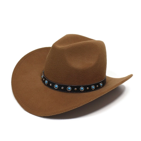 Westerse Cowboy Vilthoed Unisex Retro Etnische Stijl Fedora Met Turkooizen Kralen Leren Band Brede Rand Jazz Zonnehoed Reishoed