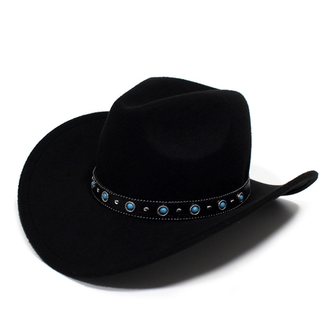 Westerse Cowboy Vilthoed Unisex Retro Etnische Stijl Fedora Met Turkooizen Kralen Leren Band Brede Rand Jazz Zonnehoed Reishoed