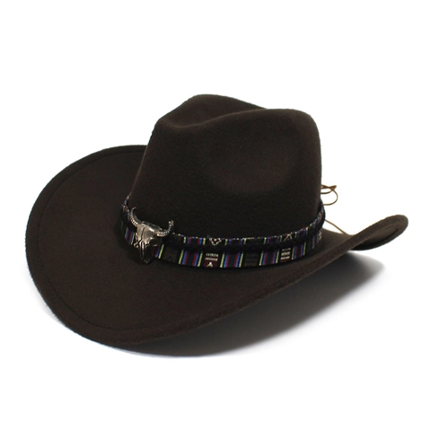 Sombrero Fedora de Vaquero del Oeste Vintage Con Banda Tejida Étnica Cabeza de Toro de Metal Plateado Ala Ancha Para Hombre Mujer