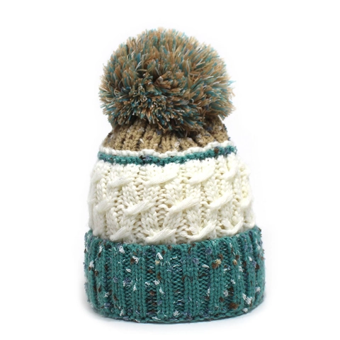 Bonnet Femme Hiver Épaissi Tricot Torsadé avec Pompon Patchwork Multicolore Doublé Polaire Chapeau Chaud Extérieur