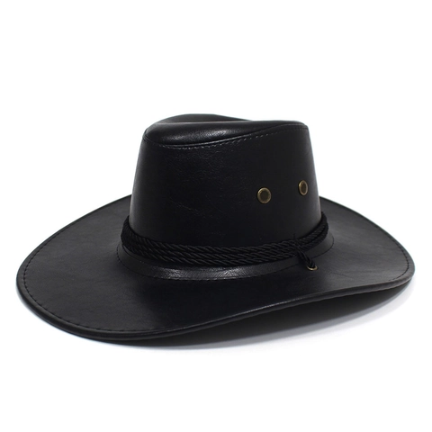 Sombrero de Vaquero Western Vintage para Hombre Ala Ancha de Cuero PU Sombrero de Jazz Con Cuerda Tejida Fedora Antiviento Protección Solar