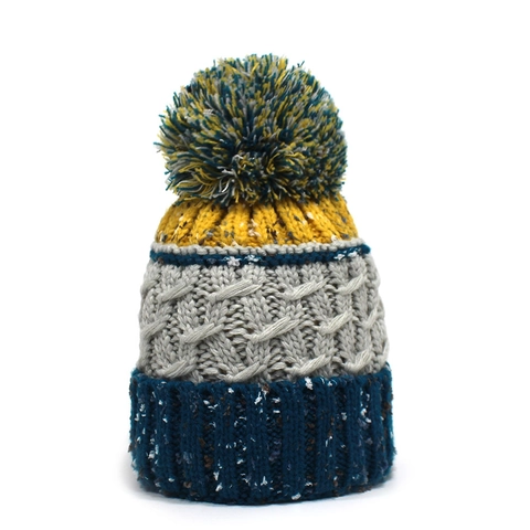 Bonnet Femme Hiver Épaissi Tricot Torsadé avec Pompon Patchwork Multicolore Doublé Polaire Chapeau Chaud Extérieur