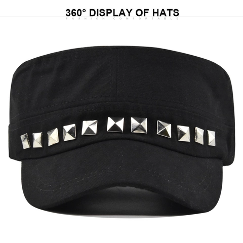 Gorra Militar Vintage Cadet de Algodón Parte Superior Plana Con Remaches de Metal Cuadrados Ajustable Color Sólido Sombrero de Sol Unisex