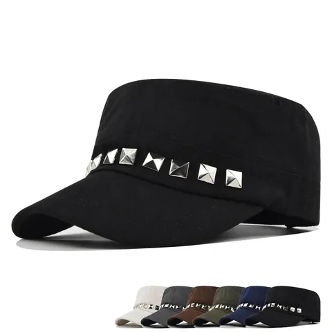 Gorra Militar Vintage Cadet de Algodón Parte Superior Plana Con Remaches de Metal Cuadrados Ajustable Color Sólido Sombrero de Sol Unisex