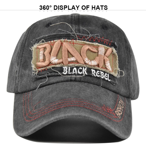 Vintage Distressed Gewaschene Baumwolle Baseballkappe Black Rebel 3D Stickerei Kontrastnähte Verstellbarer Sonnenhut Unisex Streetwear