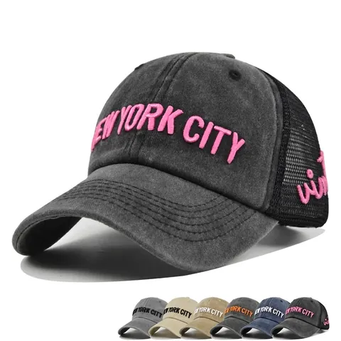Vintage Gewaschene Baumwolle Baseballkappe New York City 3D Stickerei Atmungsaktive Mesh Trucker Hat Verstellbare Sonnenhut