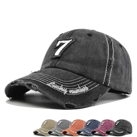 Berretto da Baseball in Cotone Lavato Vintage Distressed con Numero Ricamato Lettere Lucky Cappello da Sole Retro Regolabile Unisex