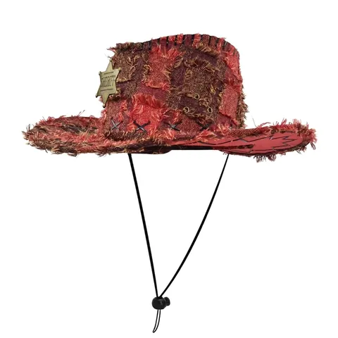 Sombrero de Vaquero Western para Hombre Mujer Sombrero Jazz de Cuadros Desgastado Con Insignia de Sheriff Ala Ancha Ajustable
