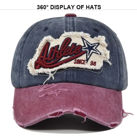Berretto da Baseball Patchwork Athlete Vintage Distressed in Cotone Lavato Ricamo a Blocchi di Colore Protezione Solare Trucker Hat