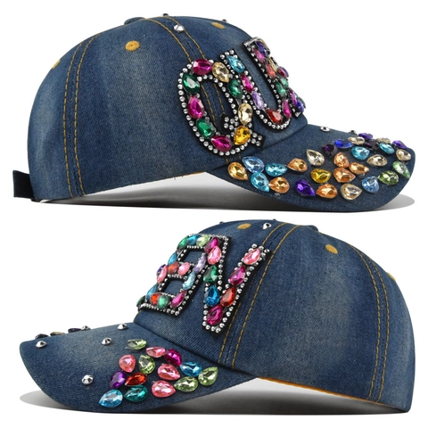 Lussuoso Cappellino da Baseball in Denim con Scritta Queen in Strass per Donna Uomo Cristalli Colorati Regolabile Hip Hop