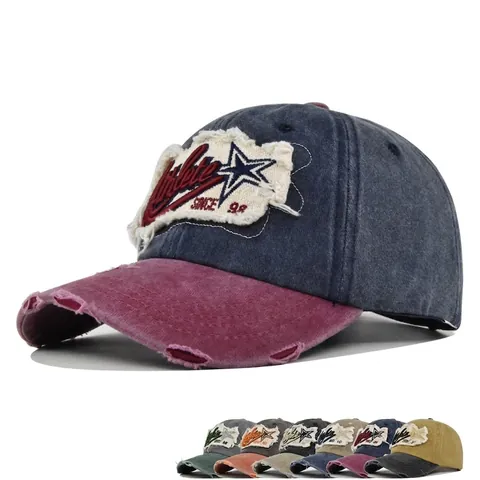 Berretto da Baseball Patchwork Athlete Vintage Distressed in Cotone Lavato Ricamo a Blocchi di Colore Protezione Solare Trucker Hat