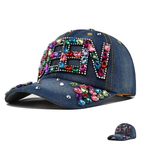 Lussuoso Cappellino da Baseball in Denim con Scritta Queen in Strass per Donna Uomo Cristalli Colorati Regolabile Hip Hop