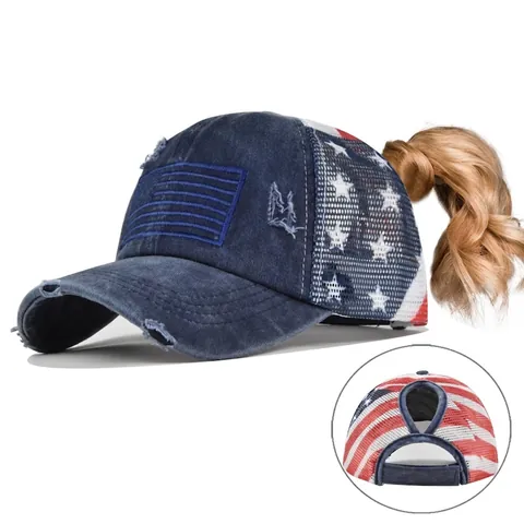 Gorra de Béisbol con Cola de Caballo y Bandiera de EE. UU. Desgastada para Mujer Gorra Trucker de Malla Transpirable Ajustable