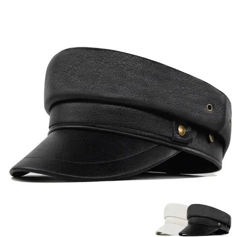 Women PU Leather Newsboy Cap Vintage Solid Color Flat Top Navy Hat With Metal Studs Retro Octagonal Beret Hat For Unisex
