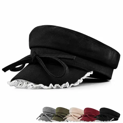 Women's Vintage Navy Hat Lace Trim Bow Decor Flat Top Baker Boy Cap Cotton Blend Beret For Daily Commuting Sweet Newsboy Hat