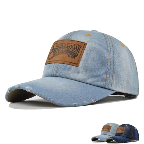 Washed Distressed Denim Baseball Cap Retro Adjustable Peaked Hat With Leather Patch For Men Women Vintage Sun Hat