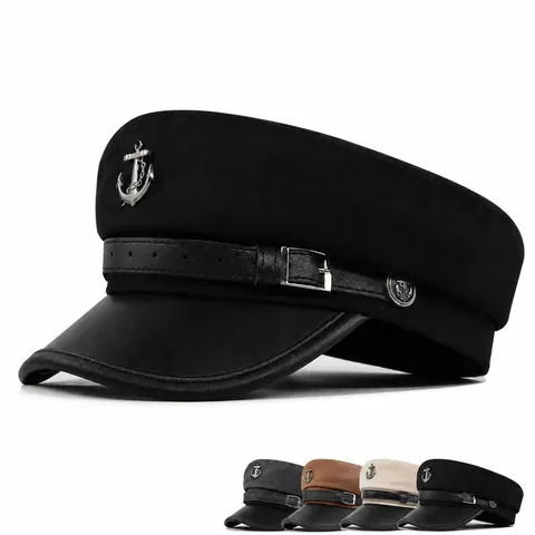 Vintage Marine Matrozenpet Voor Dames Heren PU Leren Vizier Anker Badge Platte Bovenkant Kapiteinspet Wollen Krantenjongenspet Dagelijkse Warme Baret