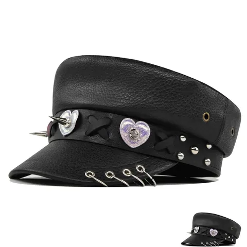 Gorra de Marinero de Cuero PU Punk Mujer Parche Corazón Lentejuelas Puntas de Metal Anillos Harajuku Sombrero Plano