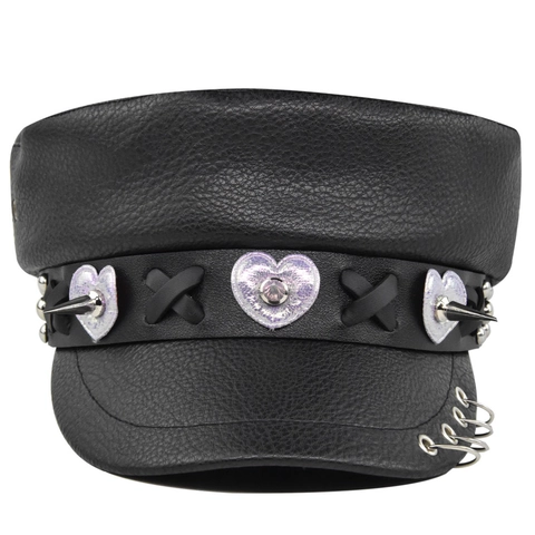 Gorra de Marinero de Cuero PU Punk Mujer Parche Corazón Lentejuelas Puntas de Metal Anillos Harajuku Sombrero Plano