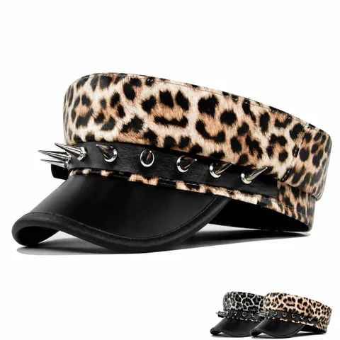 Punk Leopard Print Military Hat PU Leather Rivet Decorative Army Cap Newsboy Flat Top Cap Performance Streetwear Hat