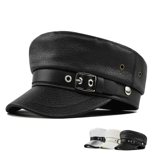 Fashion PU Leather Navy Hat Beret For Women Men Solid Color Lychee Texture Metal Buckle Retro Newsboy Cap Flat Top Hat