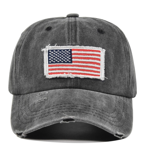 Gorra de Béisbol de Algodón Lavado Desgastado para Mujer Bordado Bandera Americana Agujero Coleta Ajustable Moda Sol
