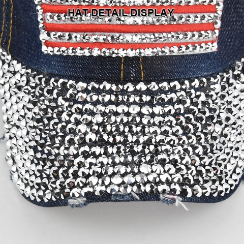 Washed Denim Baseball Cap With USA Flag Rhinestone Pattern Studded Sun Hat For Men Women Vintage Adjustable Streetwear