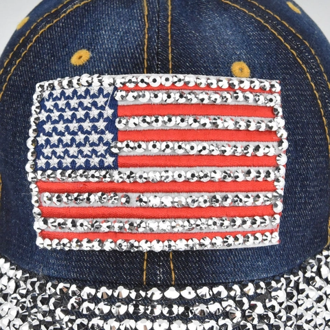 Washed Denim Baseball Cap With USA Flag Rhinestone Pattern Studded Sun Hat For Men Women Vintage Adjustable Streetwear