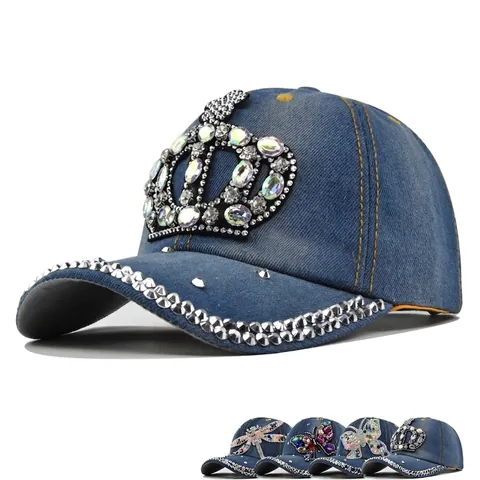 Moda Denim Strass Cappello da Baseball Donna Corona Farfalla Libellula Borchiato Jeans Cappello Regolabile Sbrilluccicante Cappello da Sole