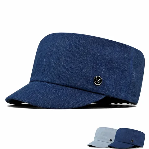 Unisex Denim Cadet Cap Verstelbare Platte Top Militaire Hoed Kort Vizier Zonnescherm Casual Mode Hoed Met Metalen Letter M Label