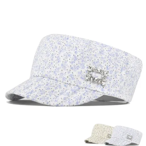 Women Floral Print Cadet Cap With Rhinestone Square Buckle Flat Top Army Hat Summer Sun Protection Visor Adjustable Hat