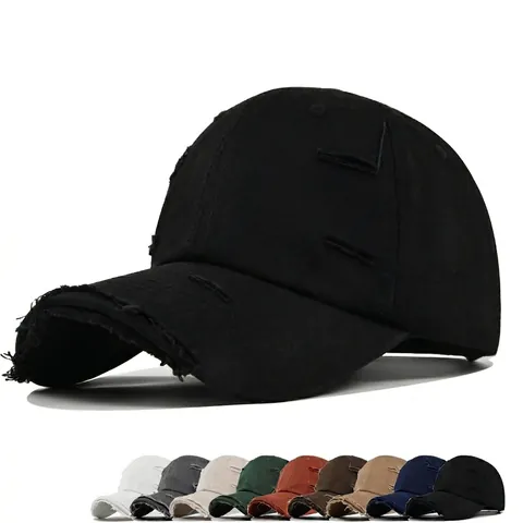 Vintage Distressed Washed Cotton Baseball Cap Distressed Worn Out Adjustable Hole Design Sun Hat Streetwear Curved Brim