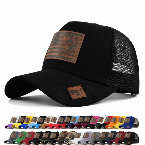 Vintage Mesh Trucker Hat For Men Women Adjustable Fishing Baseball Cap With Bass Fish Leather Patch Outdoor Breathable Sun Hat