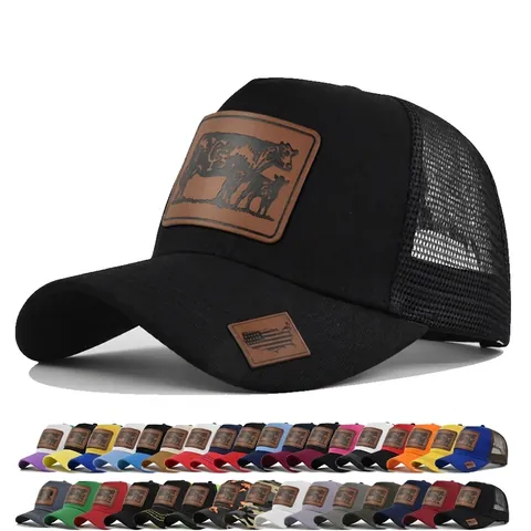 Gorra Trucker de Malla Retro Americana Para Hombres Mujeres Algodón Transpirable Gorra De Béisbol Con Parche De Cuero Sintético Animal Ajustable
